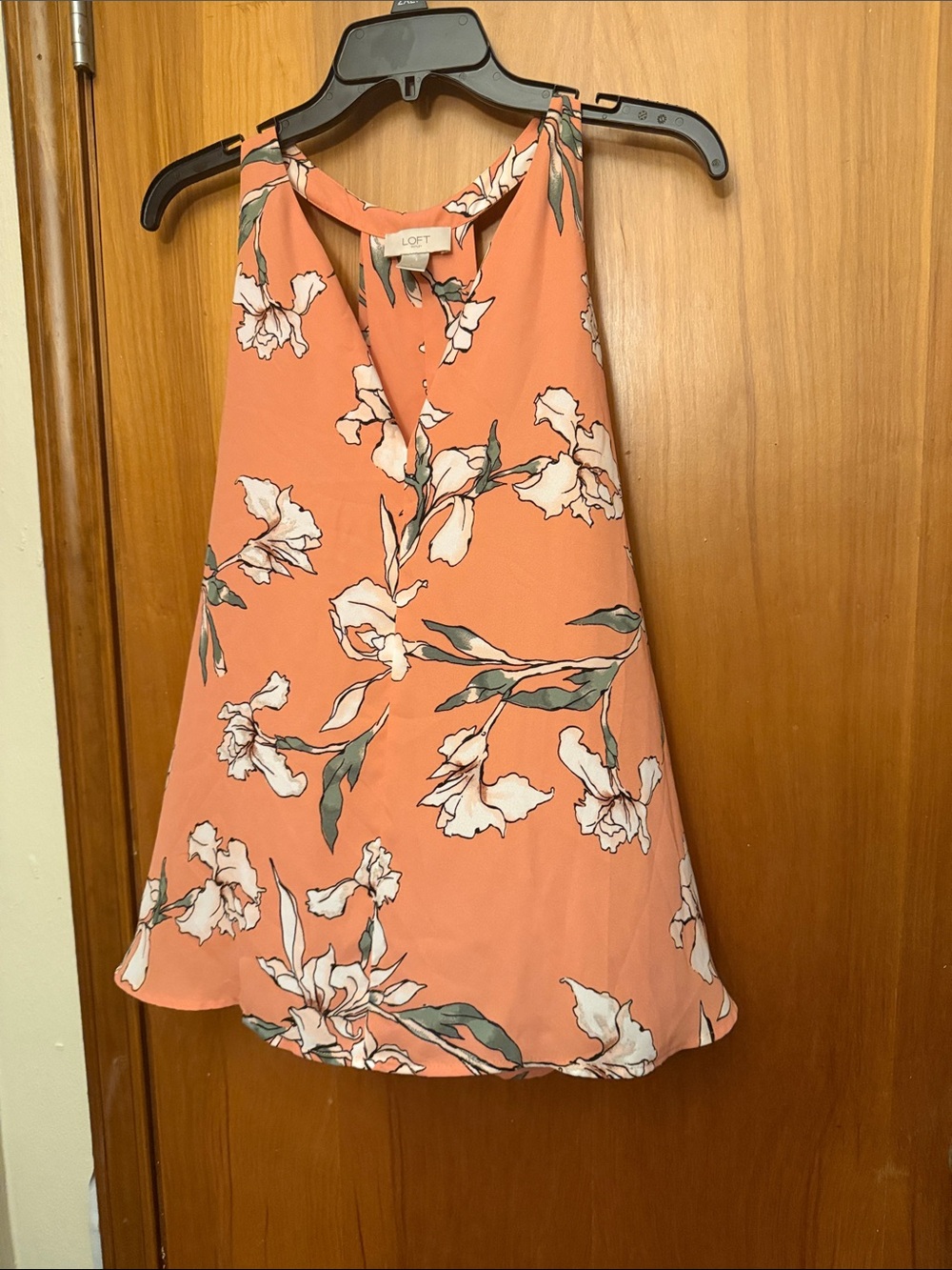 LOFT Coral Floral Halter Shell with White Blooms